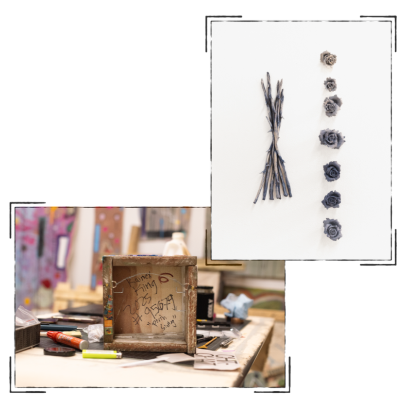 Arrangement of dried lavender and roses on a white surface