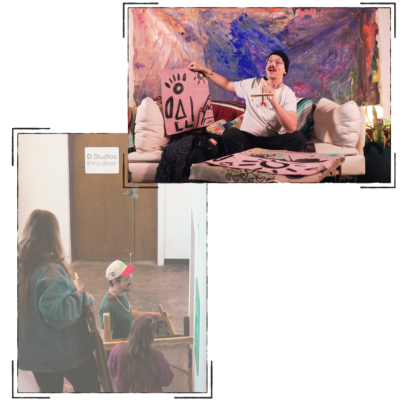 An art gallery with two visible sections. The upper section shows a man sitting on a couch, pointing at a large pink abstract artwork with black shapes, behind him a colorful abstract mural. The lower section shows three women standing near the entrance, one holding a wallet, another wearing a baseball cap, and the third taking photos or notes.