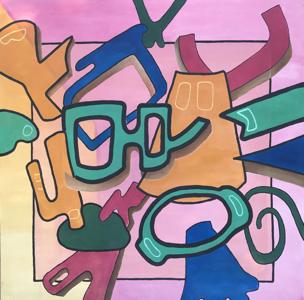 Colorful abstract art with various shapes of objects on a pink background.