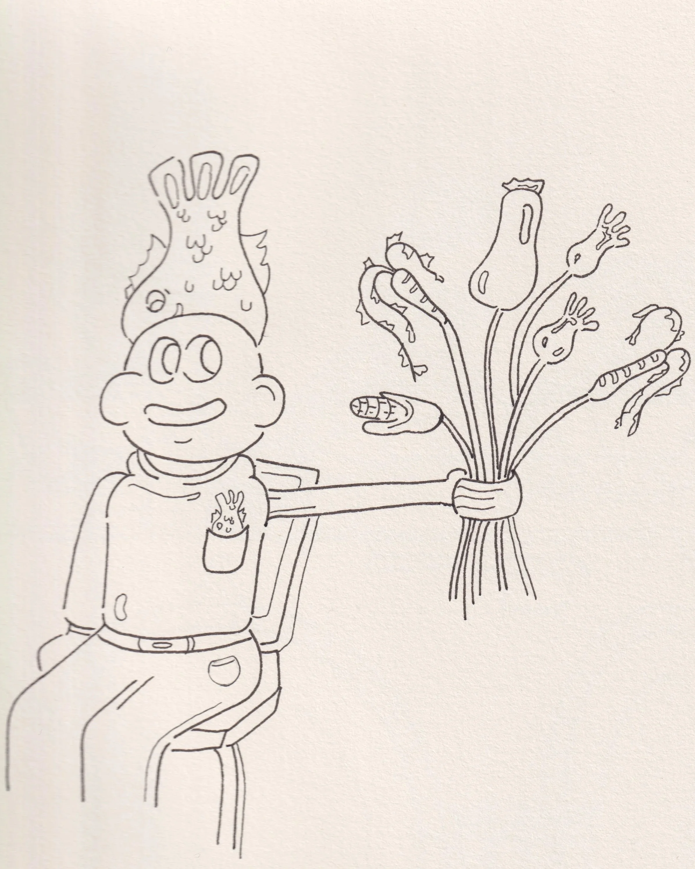 Line drawing of fish head boy handing a bouquet of vegetables, surreal fine line drawing