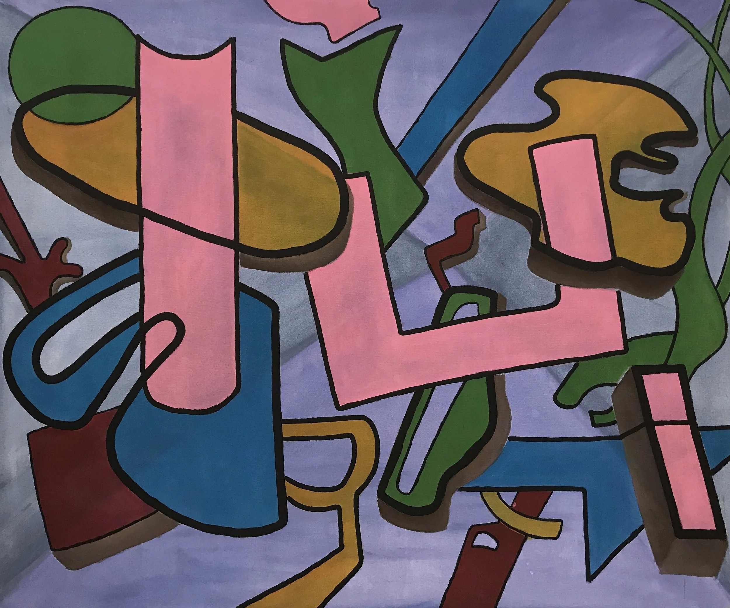 Colorful abstract drawing with various shapes and black outlines, including pink rectangular shapes, yellow shapes, green, blue, and red elements against a purple background.