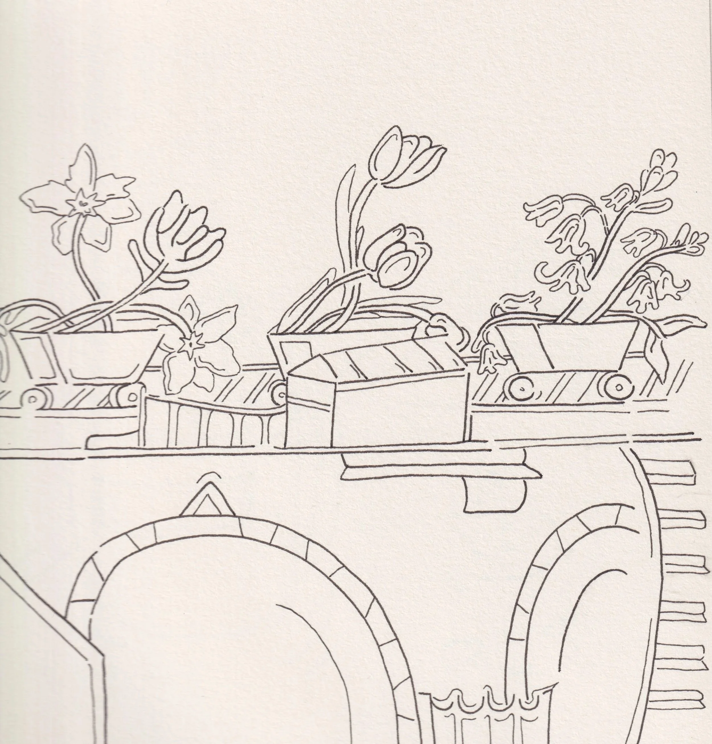 Line drawing of potted flowering plants across a train track, surrealist drawing