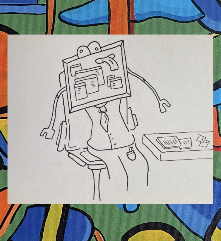 Line drawing of an office worker with a computer monitor for a head, sitting at a desk with a laptop, in a formal shirt and tie.