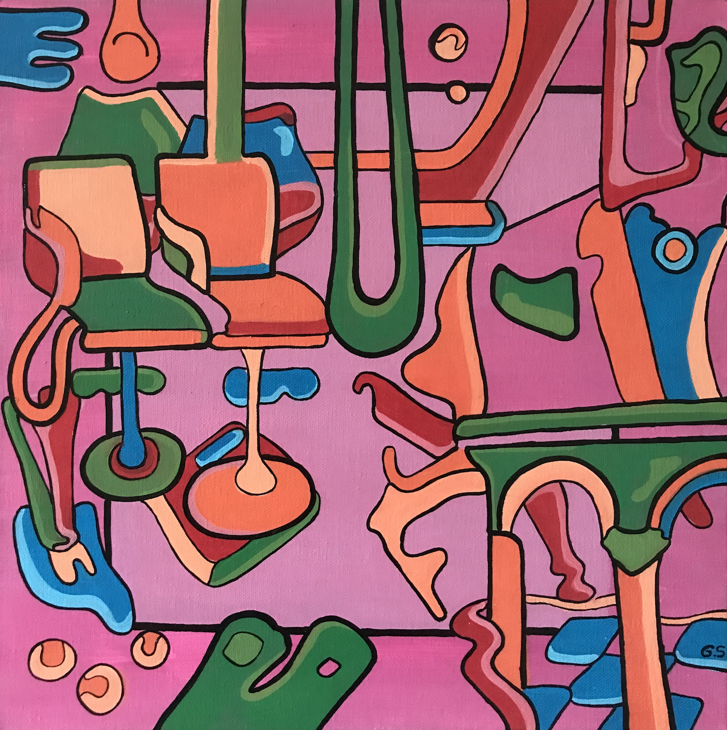 Abstract colorful drawing of various chairs and objects with black outlines on a pink background.