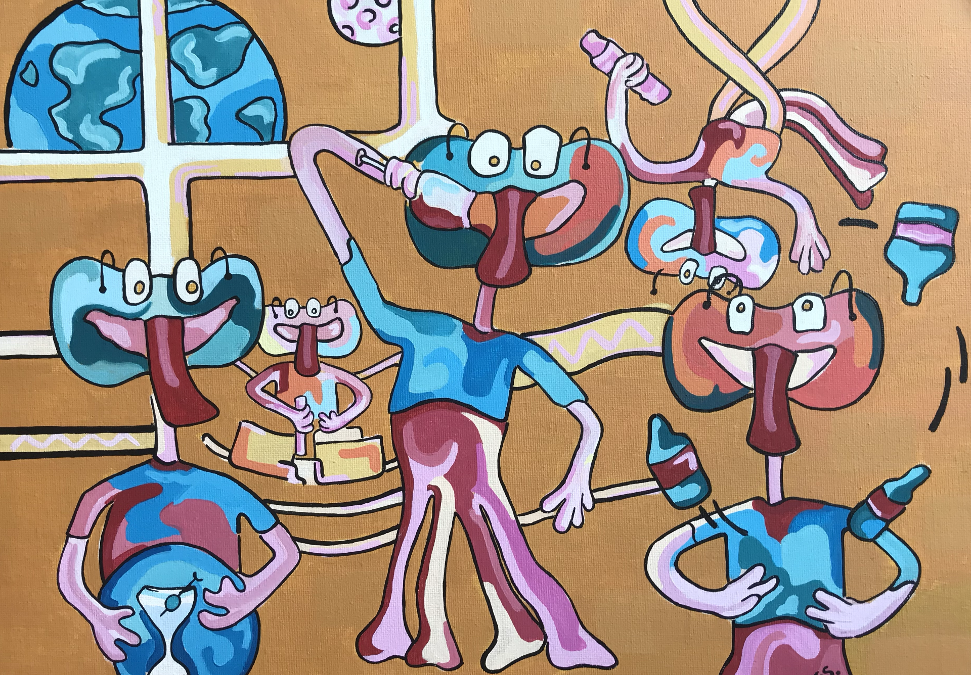 Colorful cartoon-style painting of aliens having a party