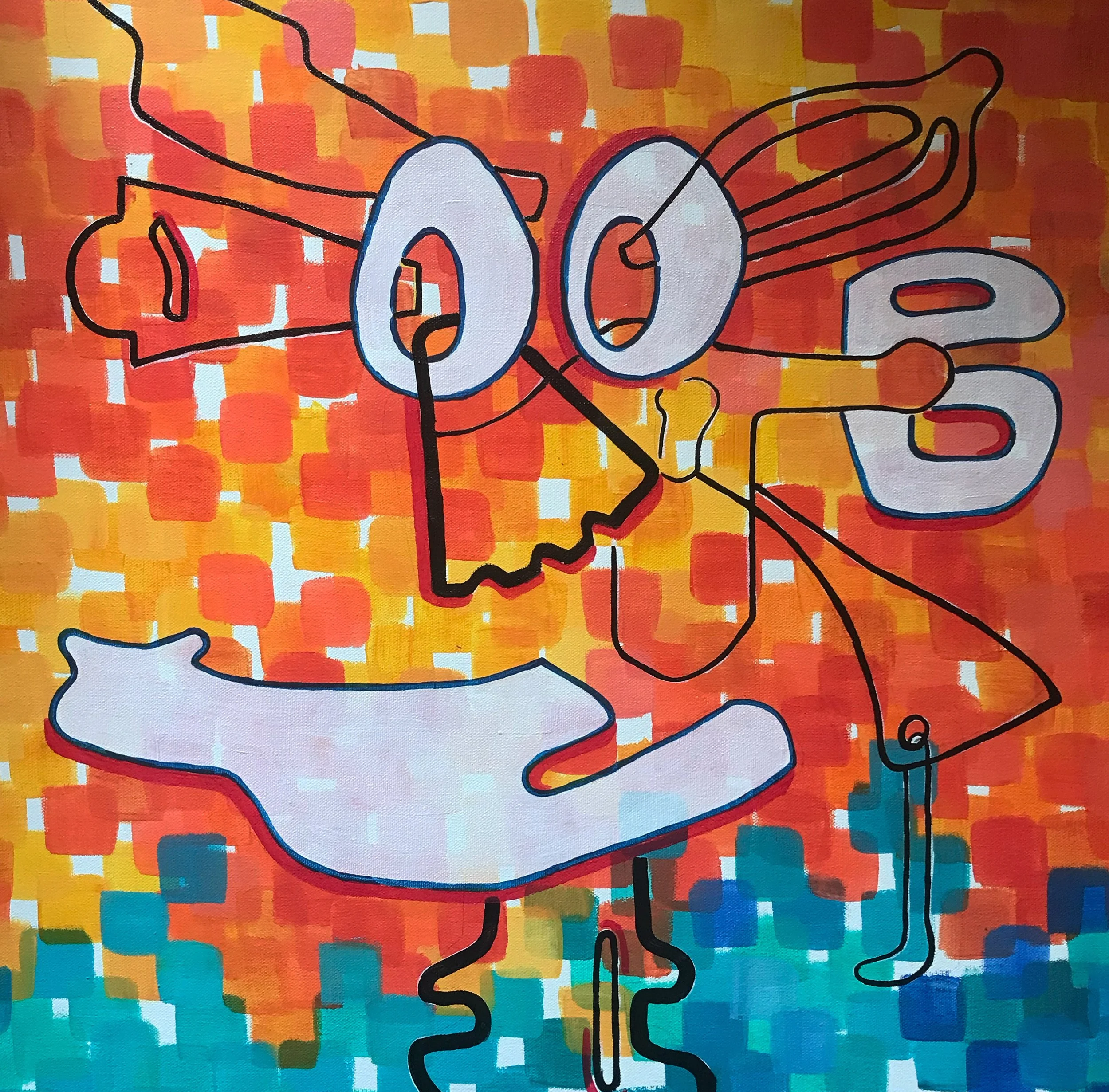 A colorful abstract painting featuring a large vector graphic of lungs outlined in black, set against a background of vibrant orange, yellow, blue, and red pixelated squares.