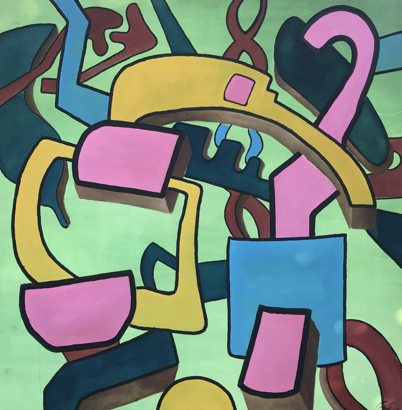 Abstract colorful artwork with irregular shapes and bold outlines in pink, yellow, blue, and brown, set against a light green background.