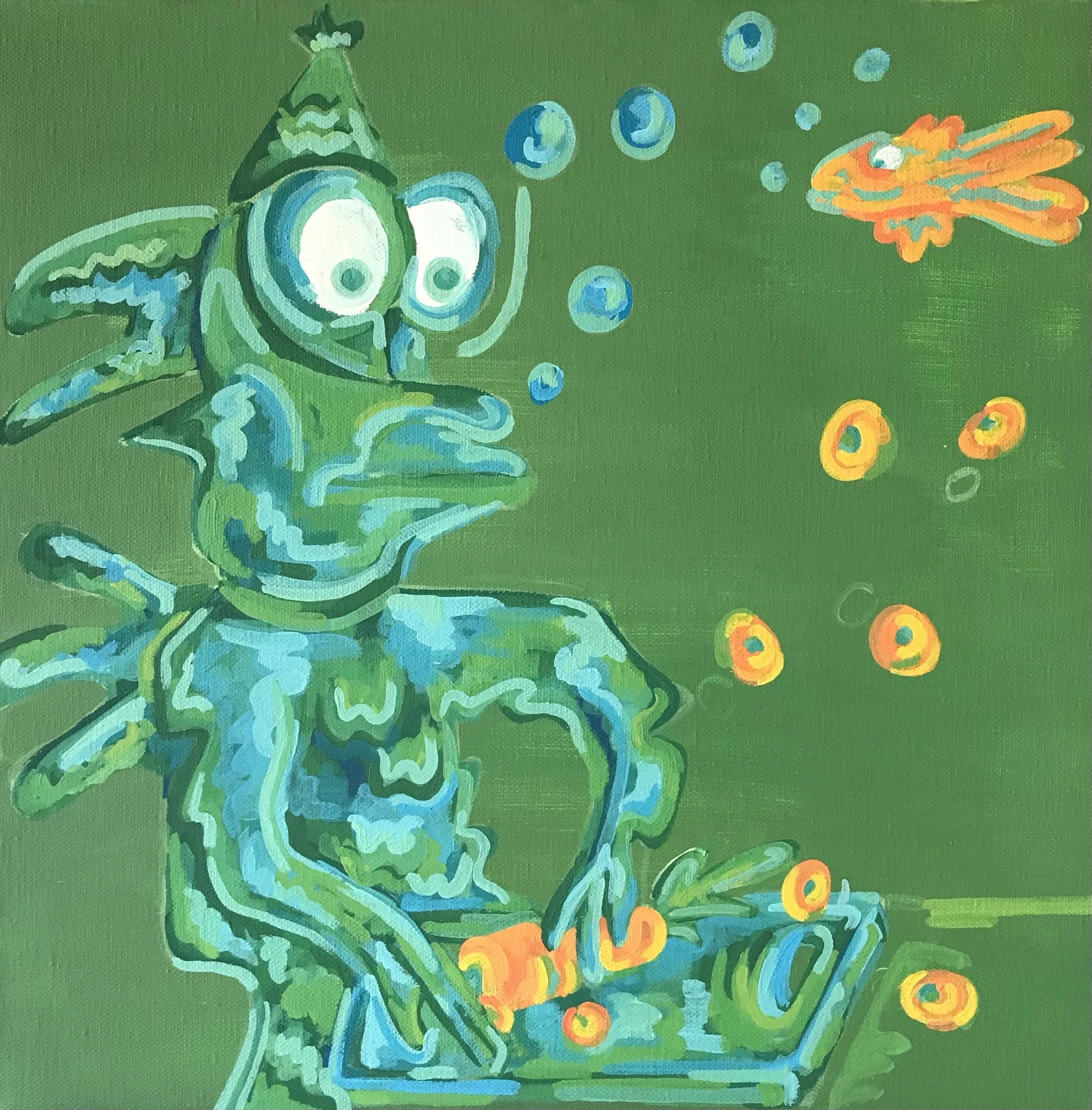 A colourful, abstract and surrealist acrylic painting of a fish man with a fish, chopping carrots.