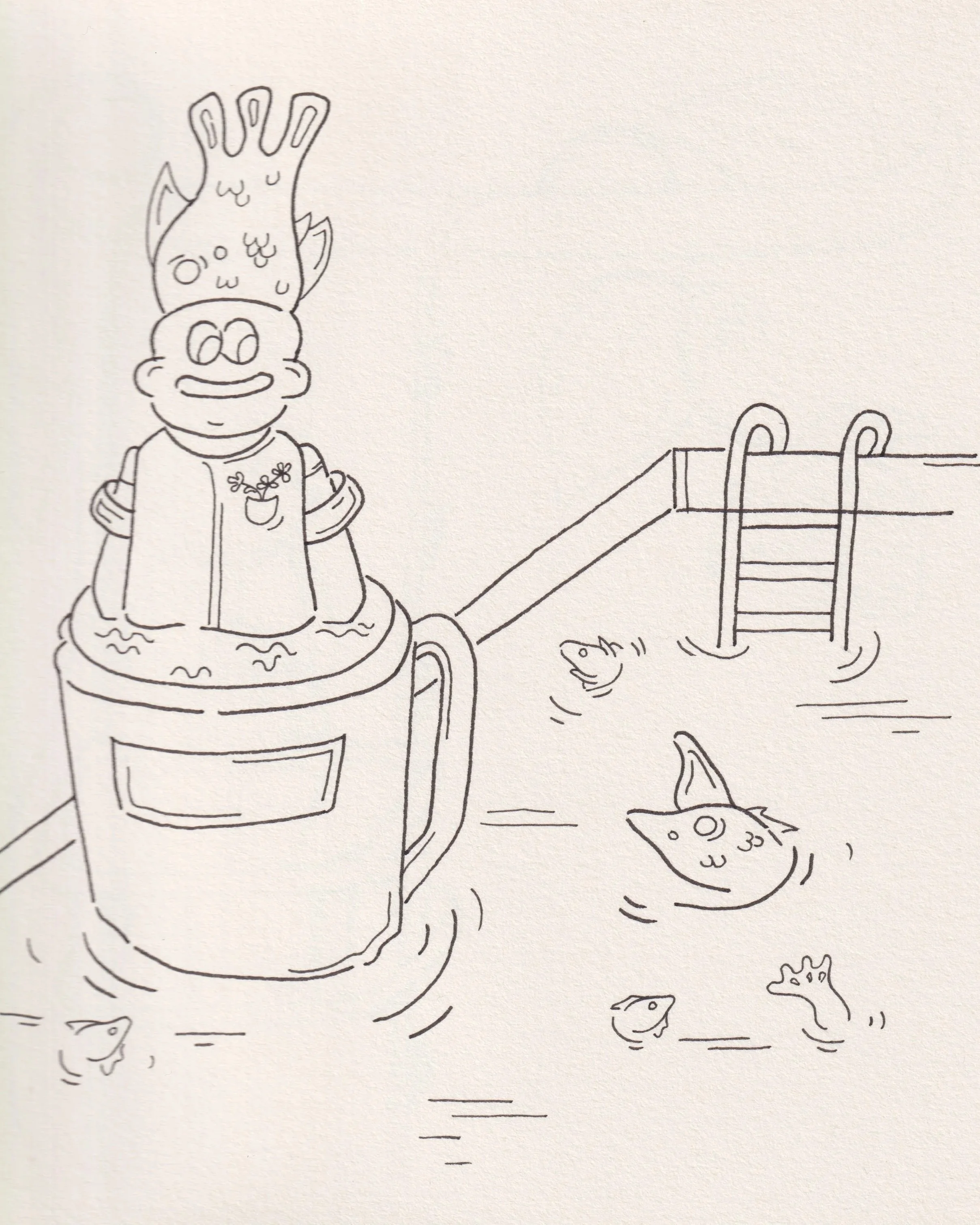 A line drawing of fish head boy swimming in a pool, while in a coffee cup with a fish on his head, in floaties.