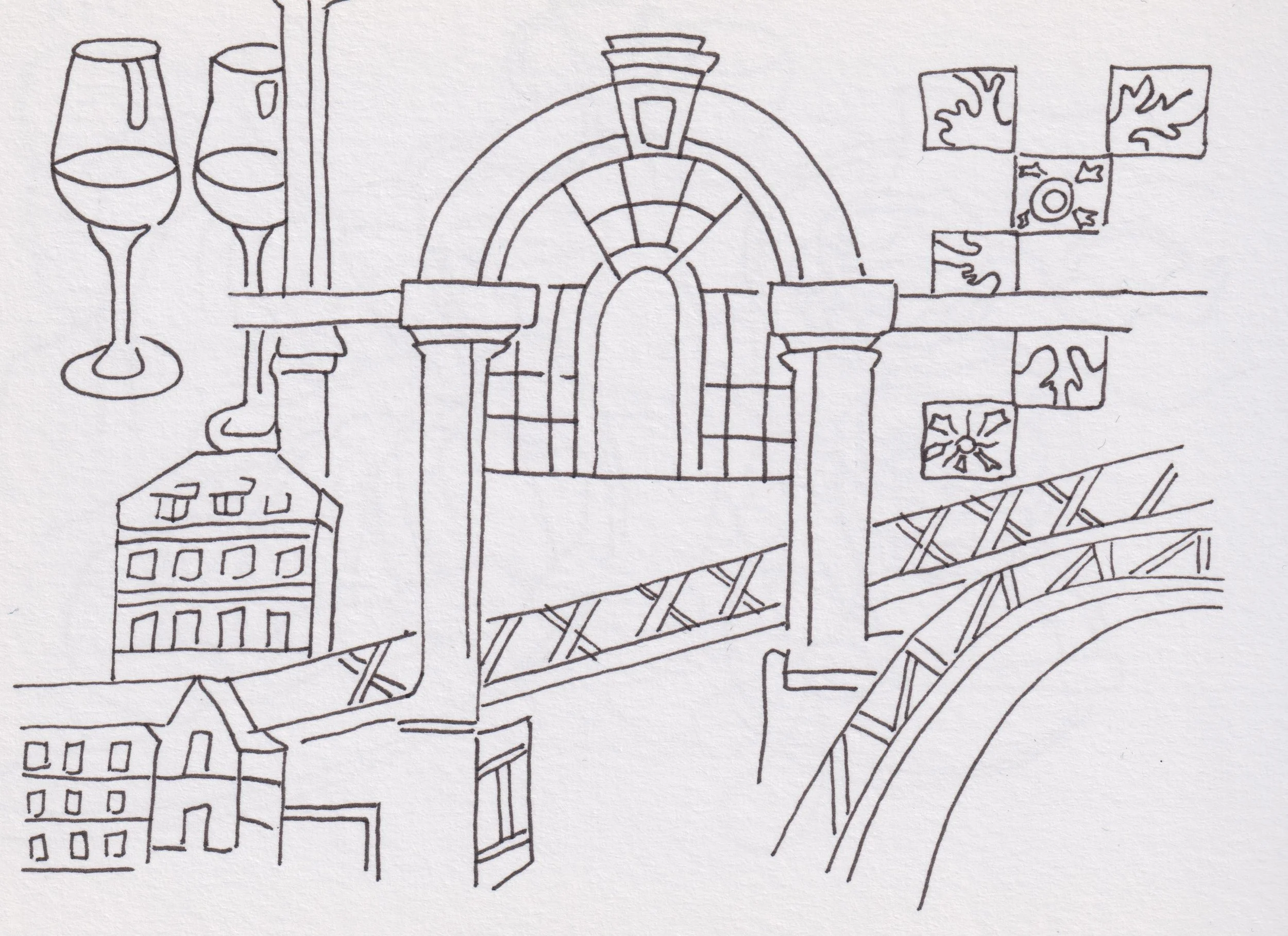 Line drawing of a cityscape with buildings, a bridge, and a clock tower or building, with two glasses of wine on the left, Portugal scene, surrealist fine pen drawing