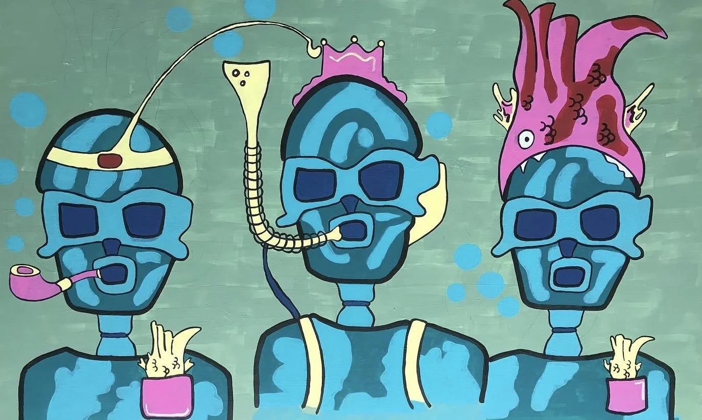 Colorful murals of skeleton figures underwater with blue skulls and various accessories, including a crown, a fish, set against a green background.