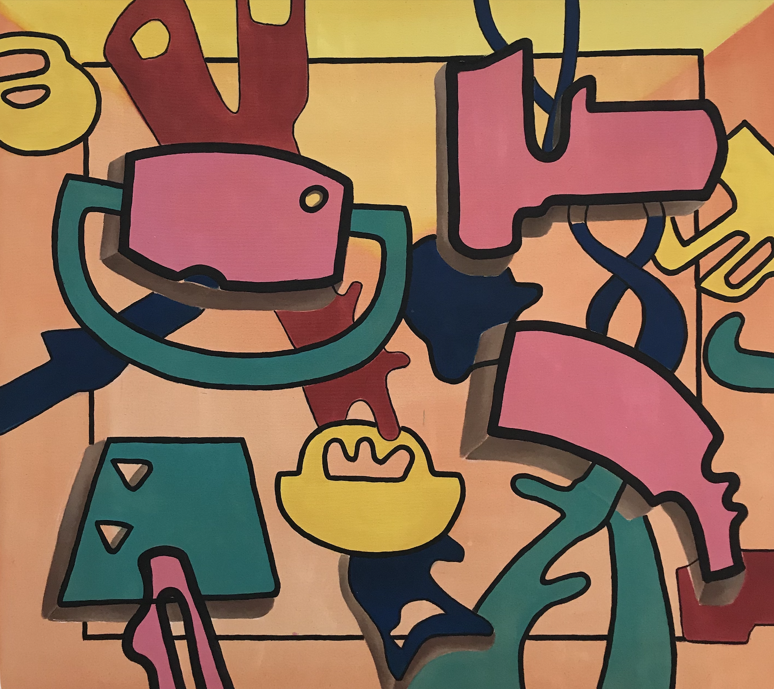 Colorful abstract artwork with bold black outlines, featuring a face profile, a teapot, and various shapes in pink, yellow, turquoise, navy, and orange on a peach background.