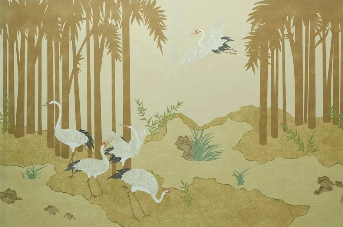Traditional Japanese-style painting of a serene wetland scene with white cranes, bamboo trees, rocks, and plants.