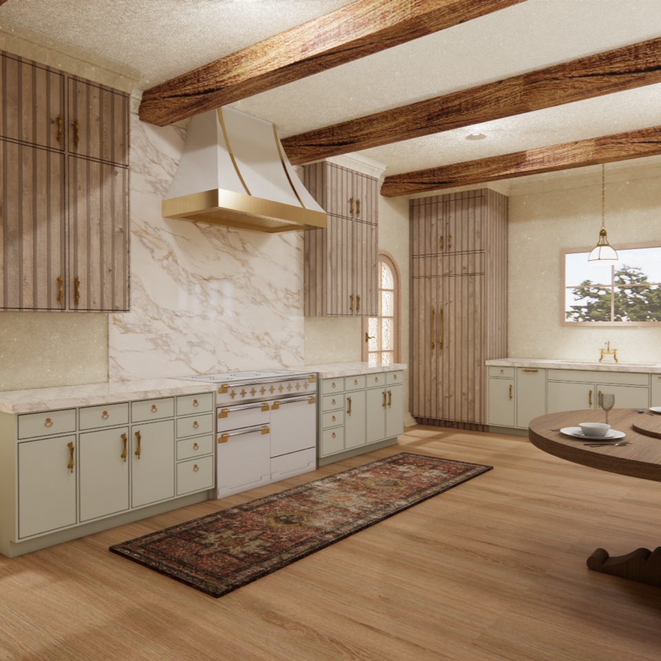 A spacious kitchen with wooden ceiling beams, cream-colored cabinets with gold handles, a marble backsplash, and a vintage-style rug on wooden floor. There's a window with a hanging lamp, and a round dining table set with bowls and cutlery.