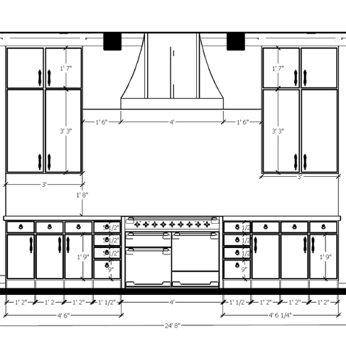Technical kitchen elevation for a Bainbridge Island home showcasing a tapered range hood, symmetrical Shaker cabinetry, and double oven.