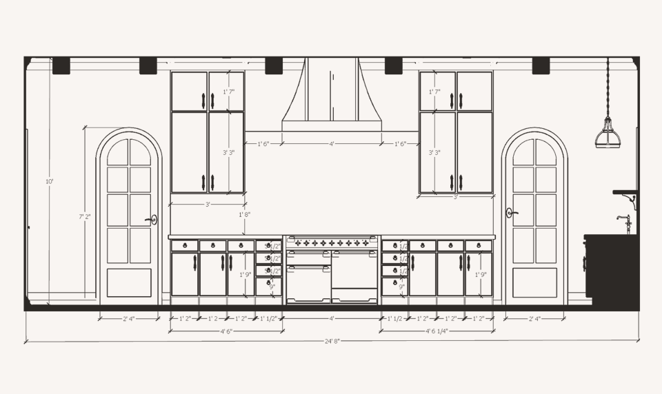 Architectural blueprint of a kitchen design, featuring cabinets, a range hood, stove, sink, and two arched doors, with measurements.