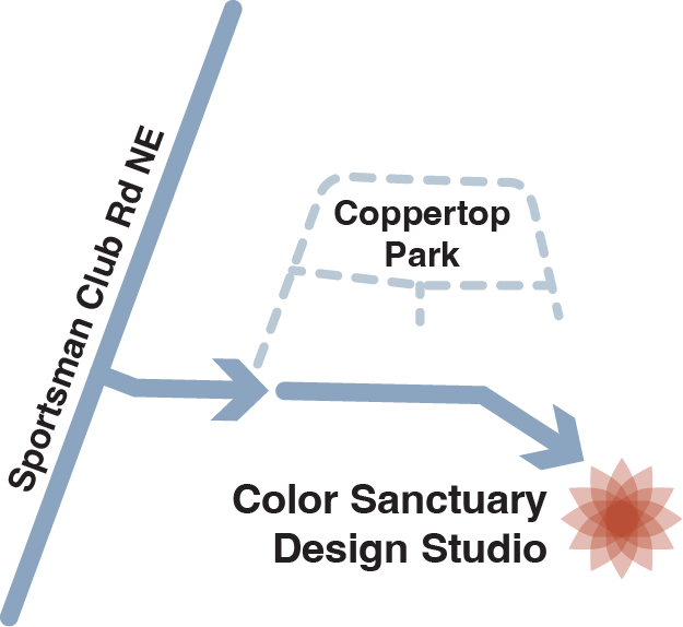 Map showing directions from Sportsman Club Rd NE to Color Sanctuary Design Studio, passing Coppertop Park.