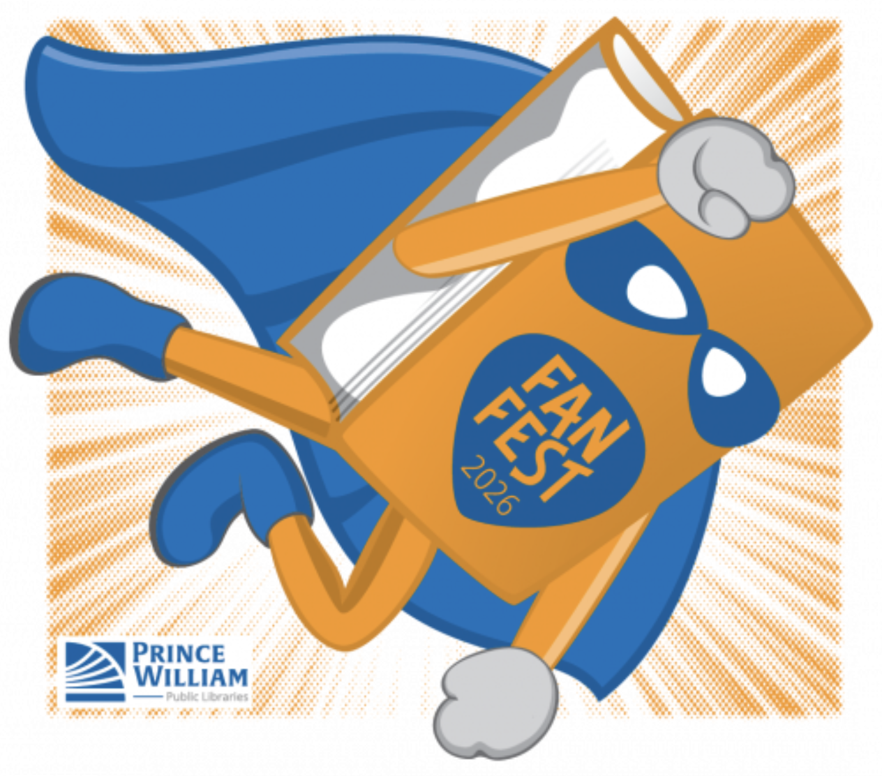 A fanfest 2026 logo of a super hero book