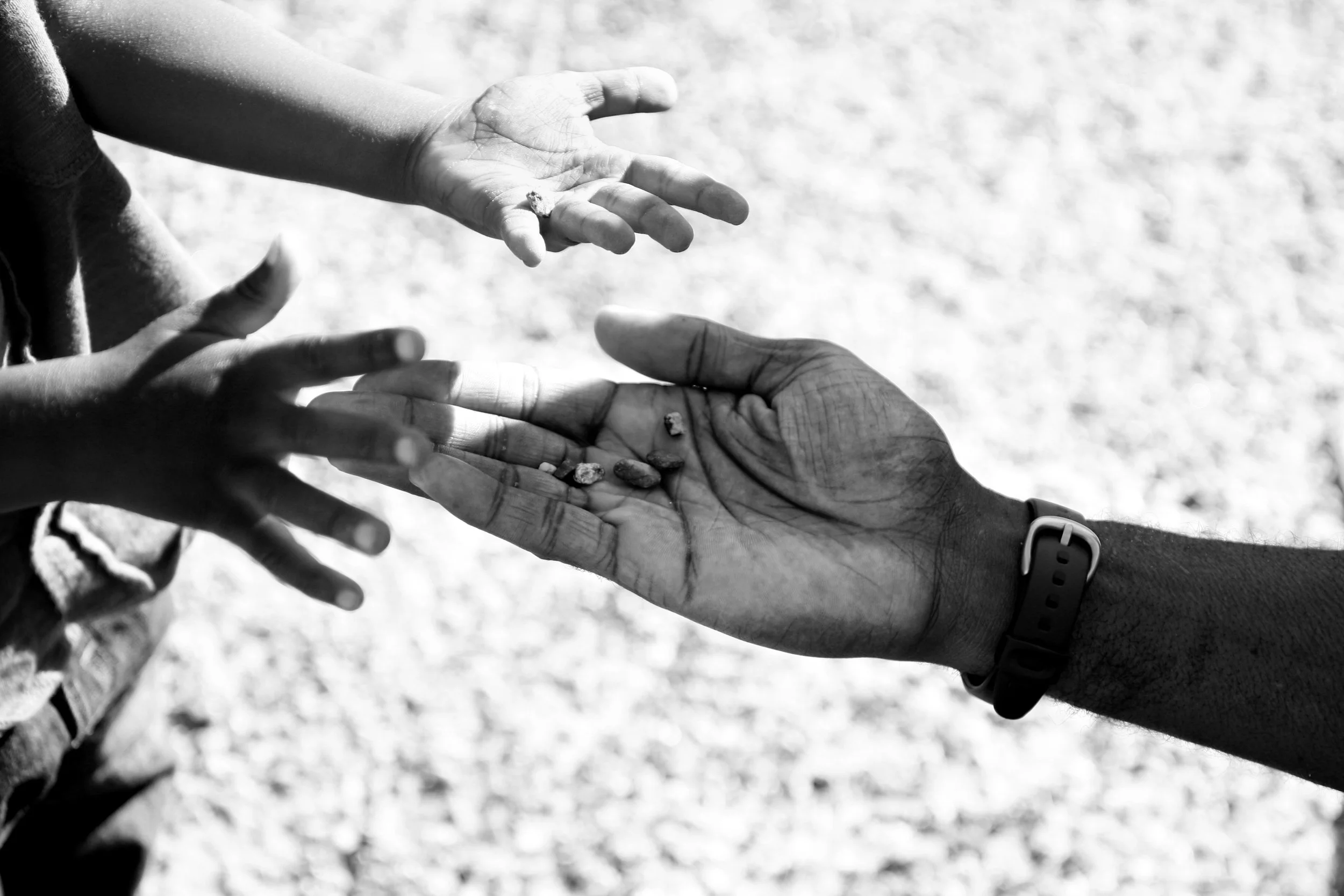 Close-up of multiple hands reaching towards each other over a textured surface, with rings on some fingers and a smartwatch on one wrist, in black and white.