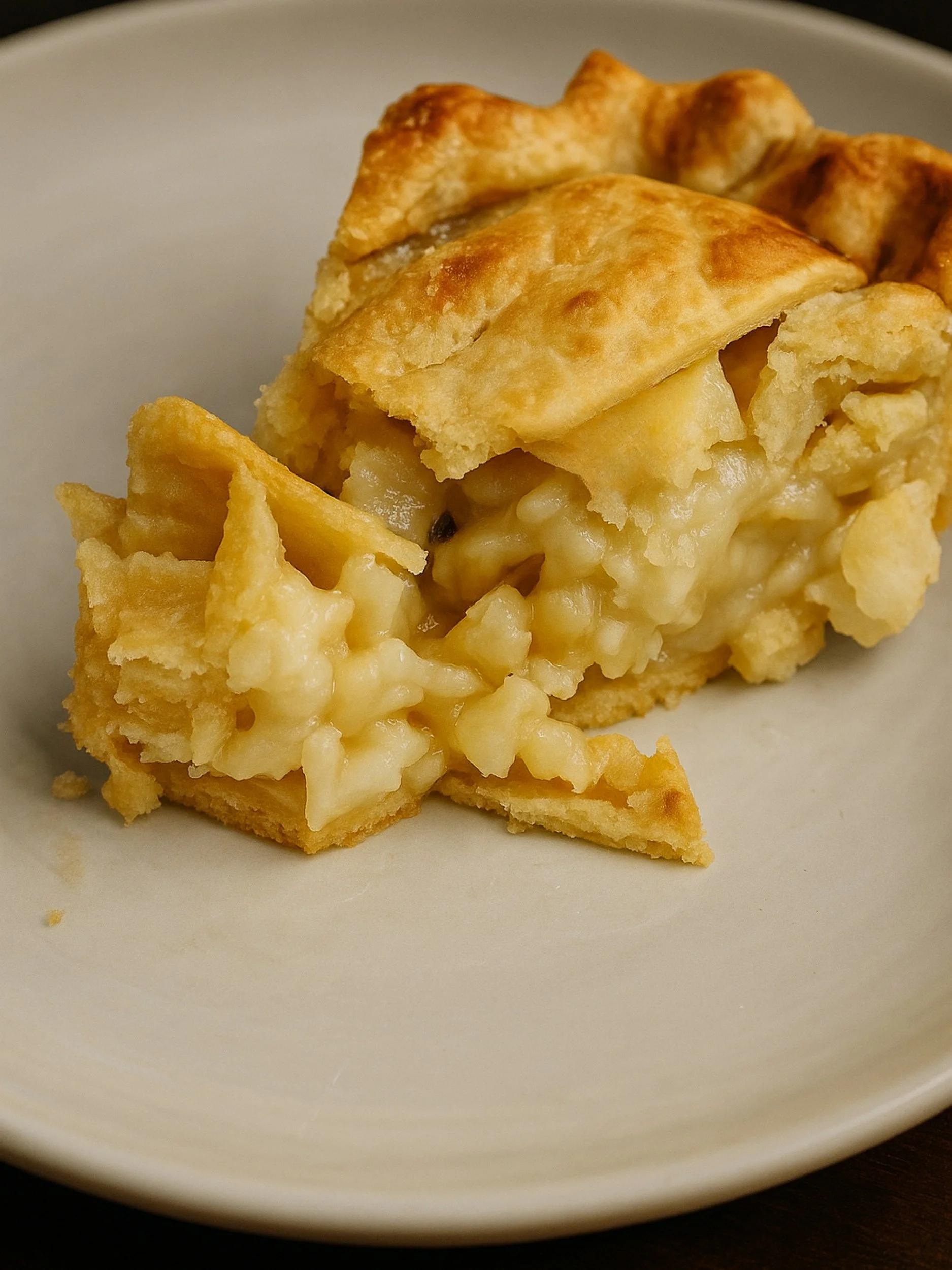 A close-up of a slice of apple pie on a white plate.