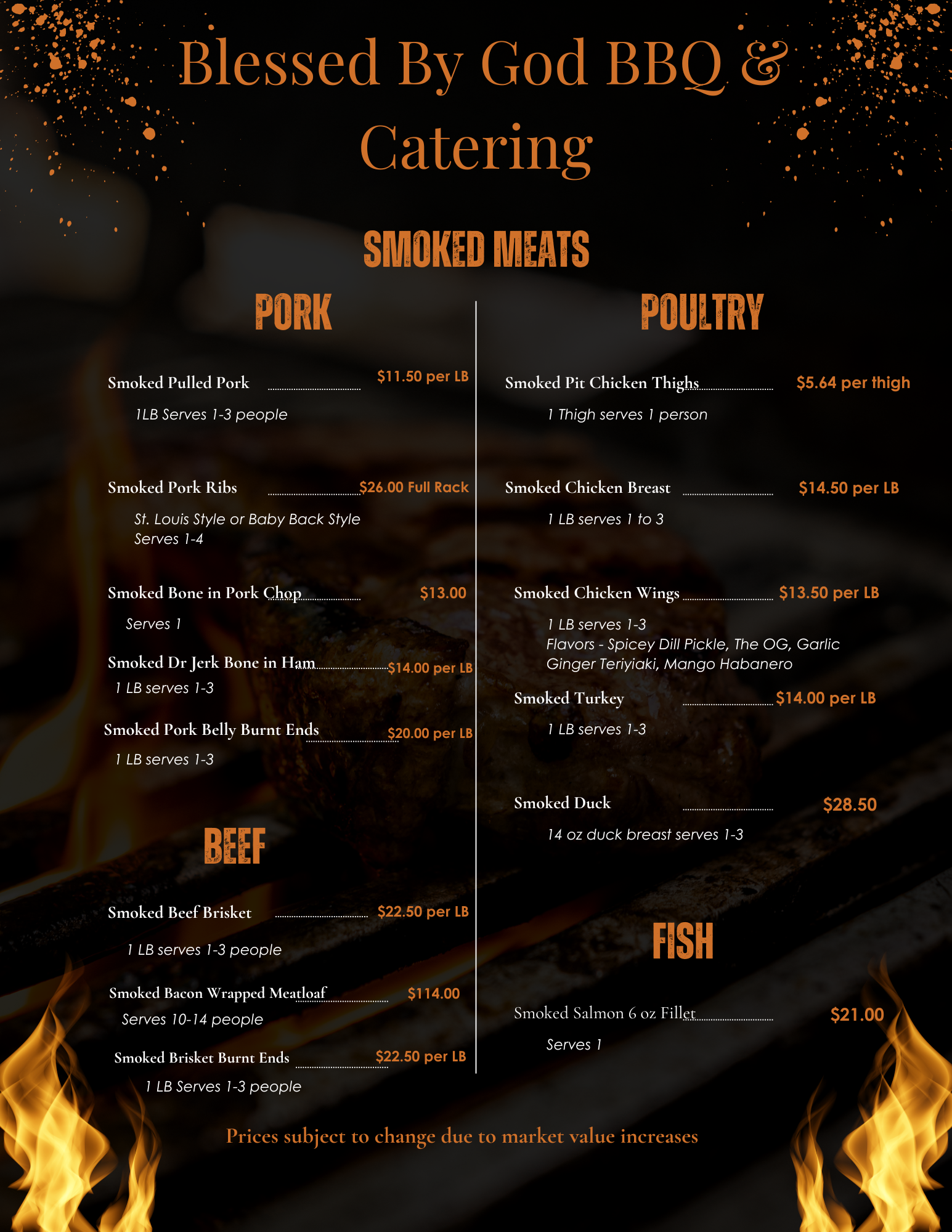 Menu for Blessed By God BBQ and Catering, featuring smoked meats including pork, beef, poultry, and fish, with prices for various smoked and prepared meats listed.