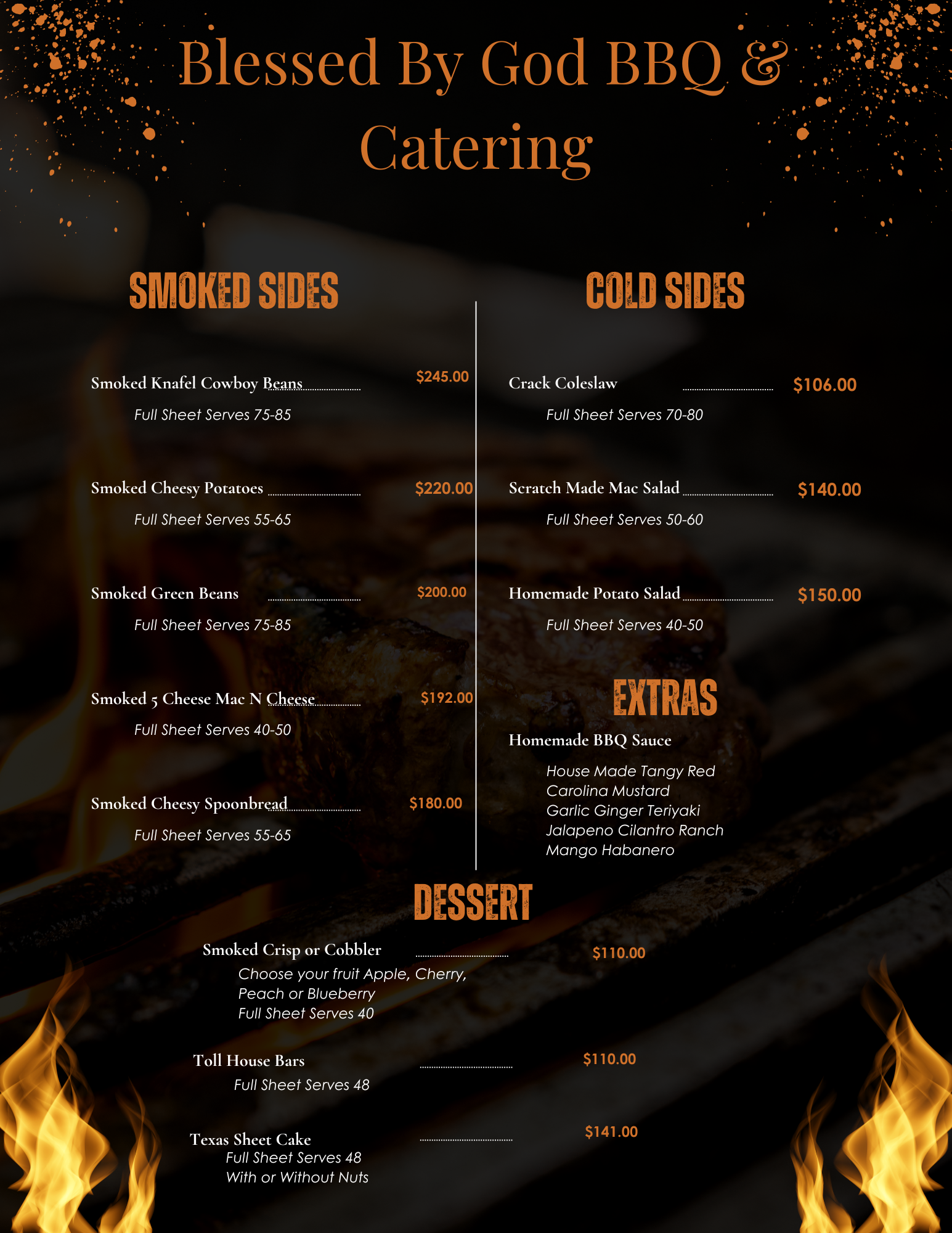 Menu for Blessed By God BBQ & Catering with categories for smoked sides, cold sides, extras, and desserts. Smoked sides include cowboy beans, cheesy potatoes, green beans, cheese mac, and spoonbread. Cold sides feature coleslaw, mac salad, and potato salad. Extras include homemade BBQ sauce. Desserts are smoked cobbler, toll house bars, and Texas sheet cake.