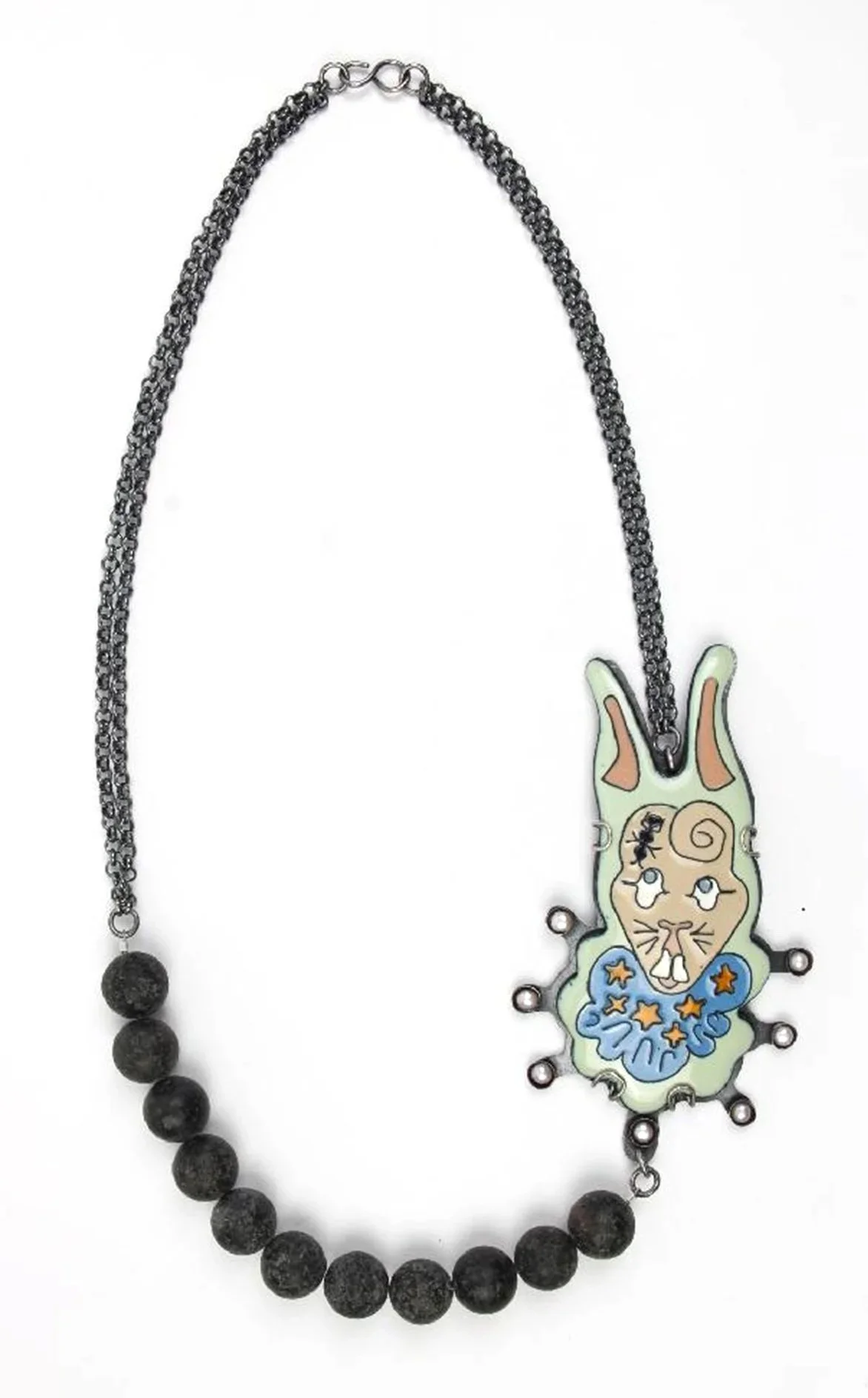 Enamel and natural pearl Rabbit Necklace with lava beads