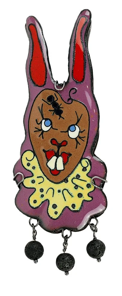 Cloisonne rabbit brooch with lava beads.
