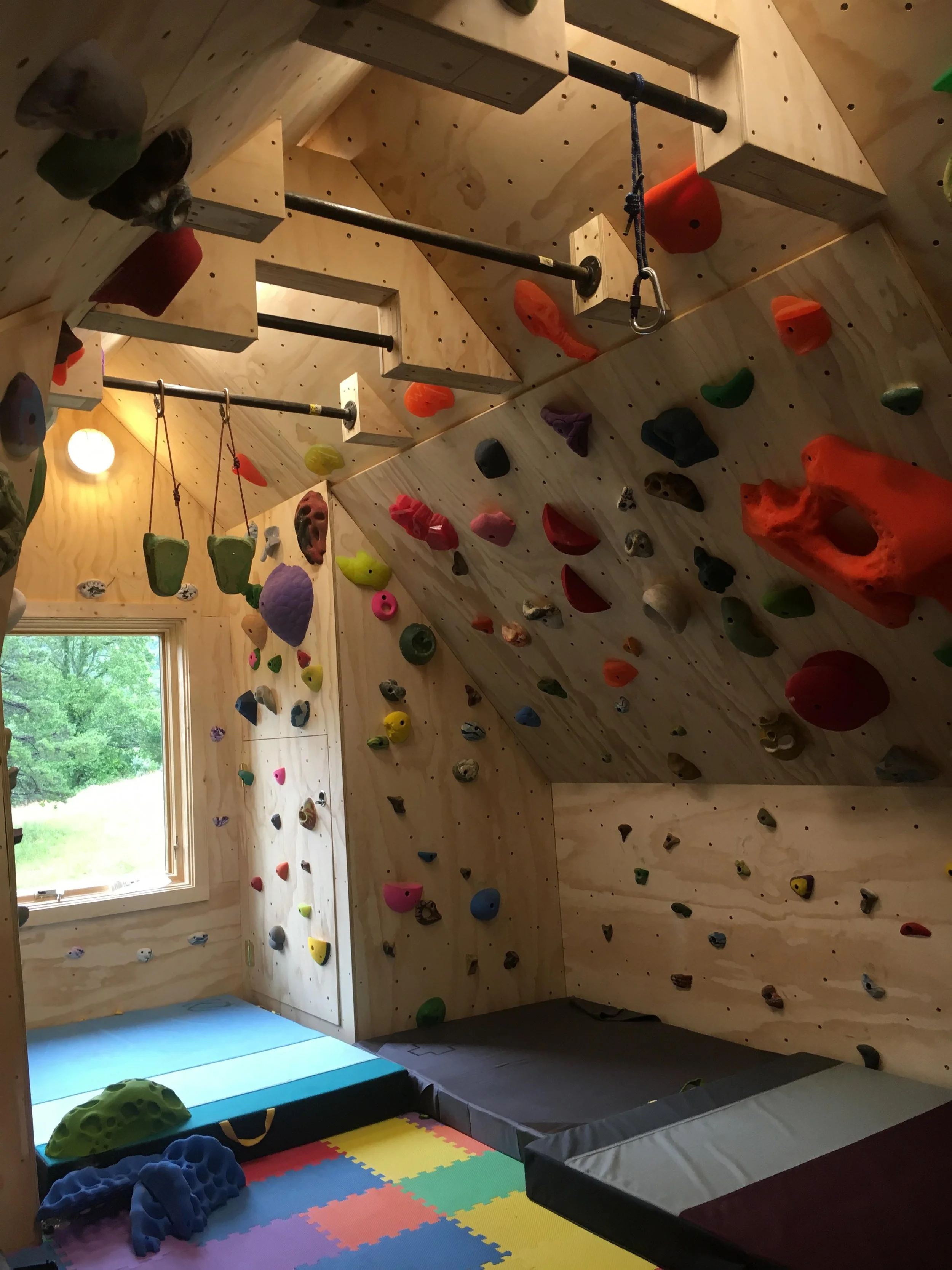 Indoor home climbing gym with wooden walls, colorful climbing holds, padded floor, and a window showing green trees outside.