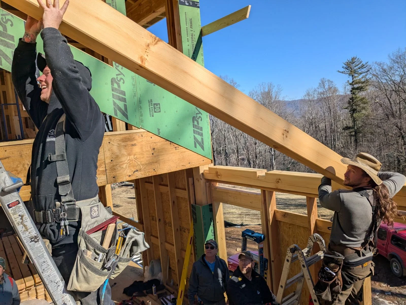 Crew installs timbers