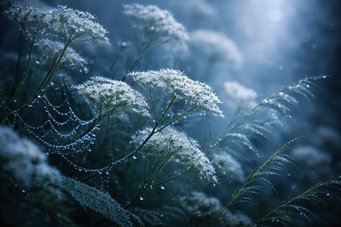 Close-up of dew-covered wildflowers and grass blades in a dim, misty forest scene with sunlight filtering through.