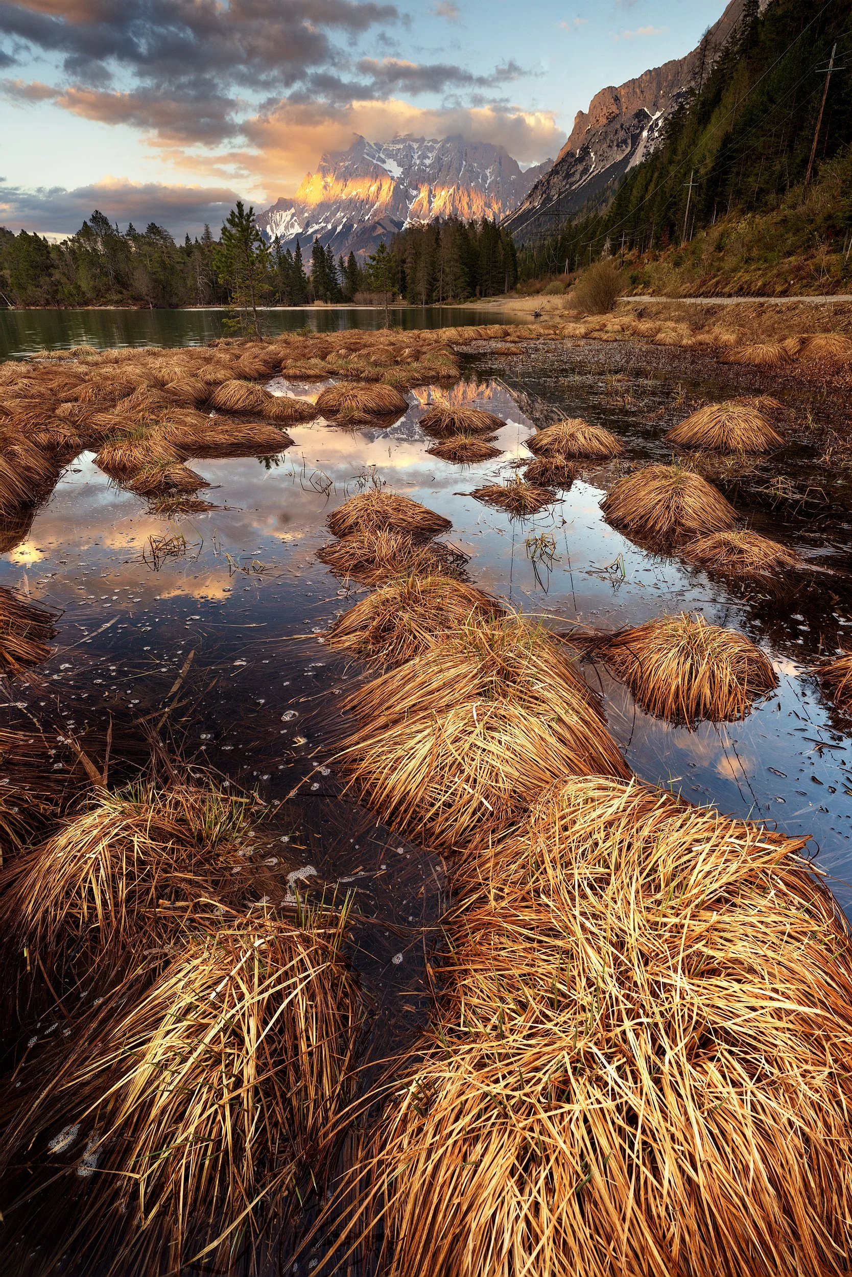 Mountains reflected in a lake with dry grass mounds in the foreground and trees lining the lake shore.