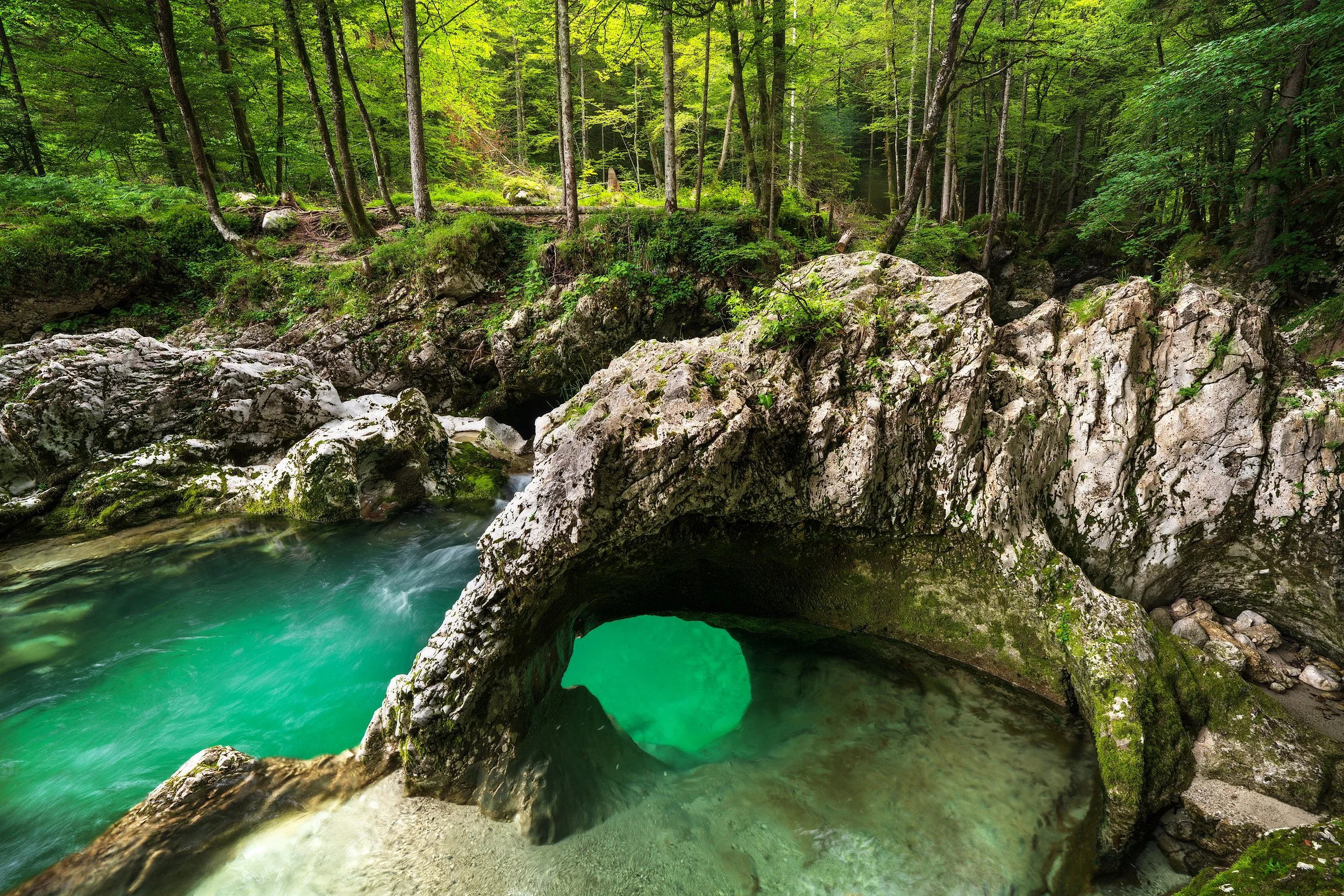 A natural rock formation creating a small water tunnel or arch over a clear, flowing river in a lush green forest.
