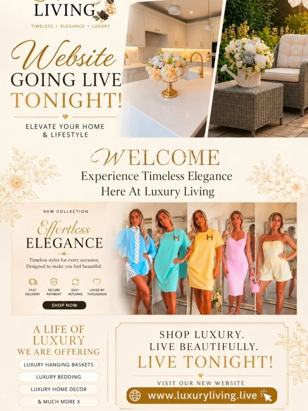 ✨ WEBSITE GOING LIVE TONIGHT ✨

Welcome to Luxury Living 🤍
Where timeless elegance meets luxury lifestyle.

From stunning fashion pieces to luxury home d&eacute;cor, bedding &amp; beautiful hanging baskets &mdash; we&rsquo;ve created a space designe
