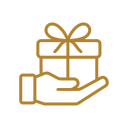 Gold outline of a hand holding a gift box with a bow.