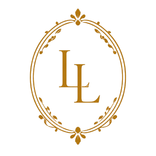 Gold ornate oval frame with the initials 'LL' in the center on a black background.