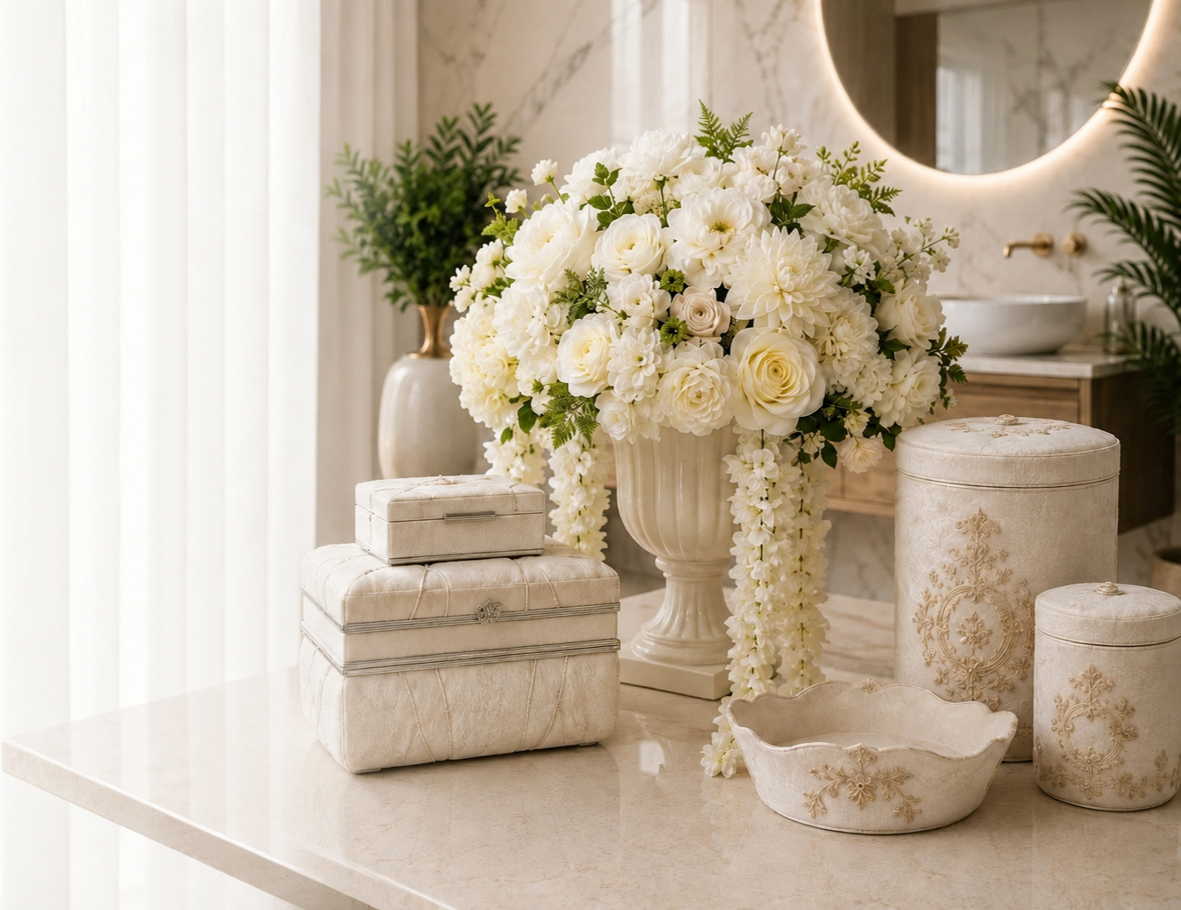 A large white floral arrangement with roses, dahlias, and greenery on a marble surface in a decorated interior.