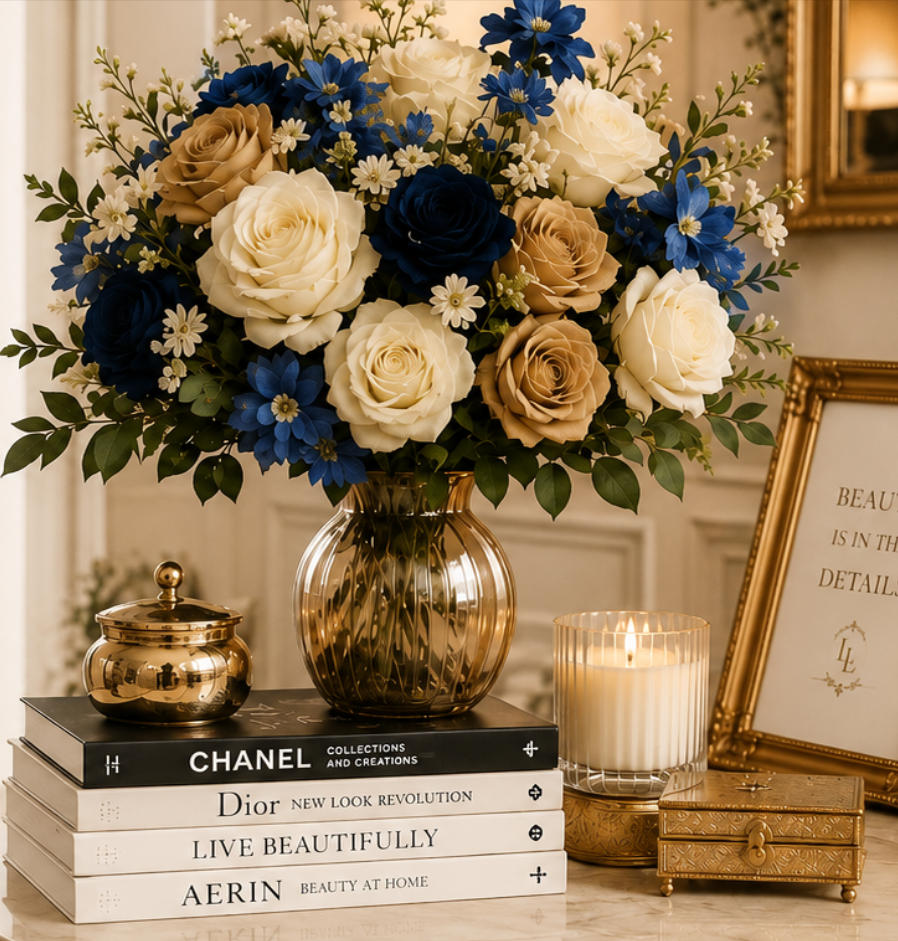 A decorative floral arrangement in a gold vase with white, blue, and beige roses, surrounded by small white daisies and green leaves. Nearby are a gold container, a lit candle in a glass holder, a gold box, and framed art with gold trim. A stack of books including titles on Chanel, Dior, and living beautifully is also on display.