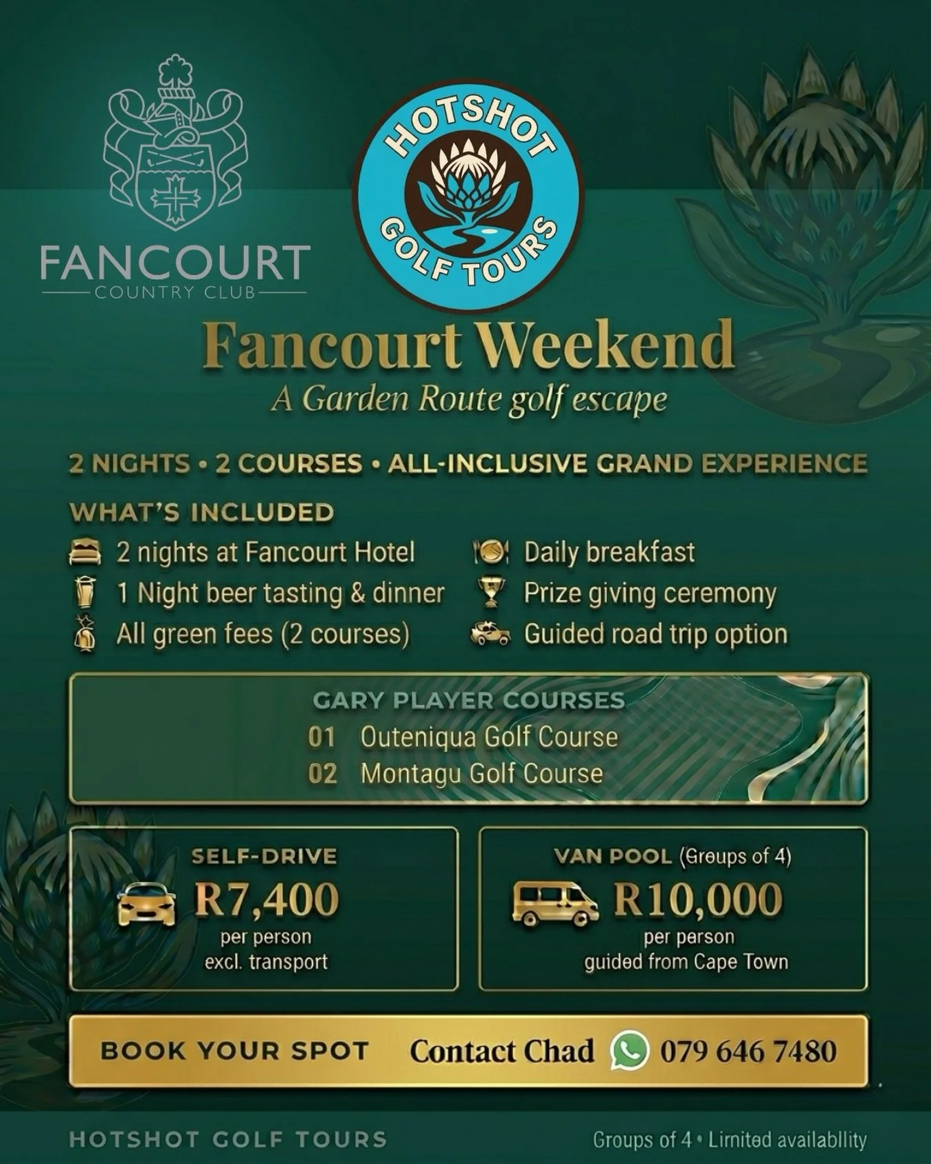 Fancourt Weekend ⛳️

2 nights. 2 Gary Player courses. A full Garden Route golf escape.

I&rsquo;ve taken care of everything! Your stay at Fancourt, your rounds at Montagu &amp; Outeniqua, plus a few extras to make it a proper experience.

Self-drive 