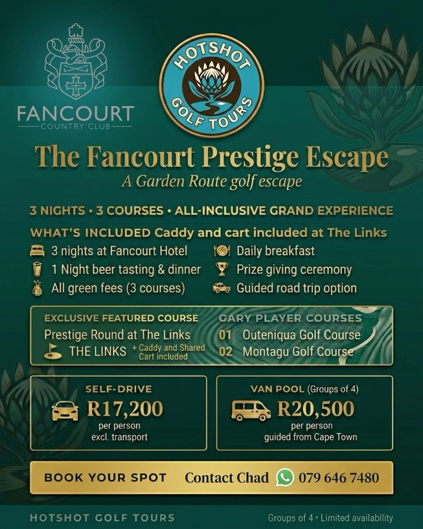 Fancourt Weekend, The Full Experience ⛳️

3 nights at Fancourt.
3 rounds of golf, Montagu, Outeniqua, and The Links.

For those who know&hellip; The Links isn&rsquo;t just another round. It&rsquo;s the one.

We&rsquo;ve built this as a complete exper