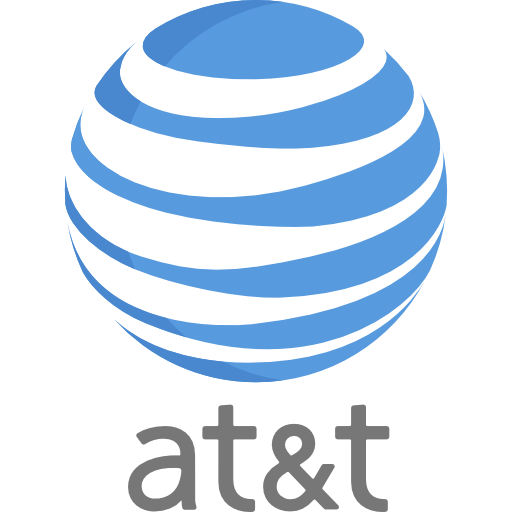 AT&T logo featuring a blue globe with black horizontal stripes and the company name below.