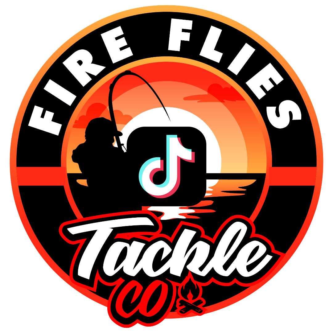 Logo with a silhouette of a person fishing at sunset, a TikTok logo, and the words 'Fire Flies Tackle Co' in bold text.