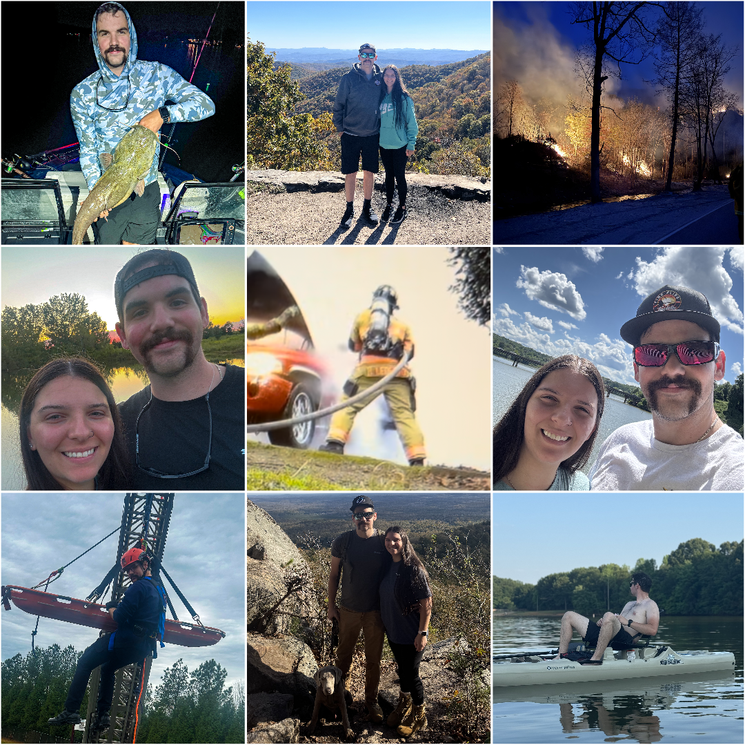 Collage of nine photos depicting outdoor and adventure activities, including fishing, hiking, fire rescue, boating, and people enjoying nature.