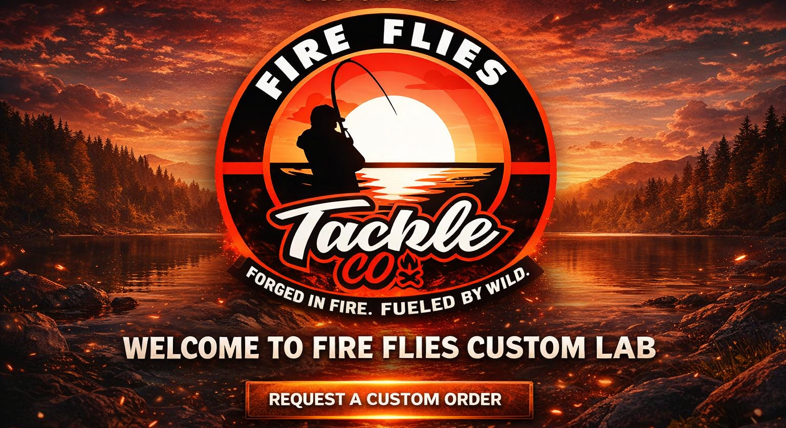 A logo for Fire Flies Tackle Co with a silhouette of a person fishing at sunset, set against a fiery background of a river and trees.
