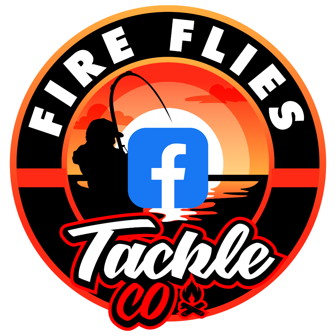 Fisherman silhouette with fishing rod at sunset, with Facebook logo and text 'Tackle Co' in a circular design for fishing and social media branding.