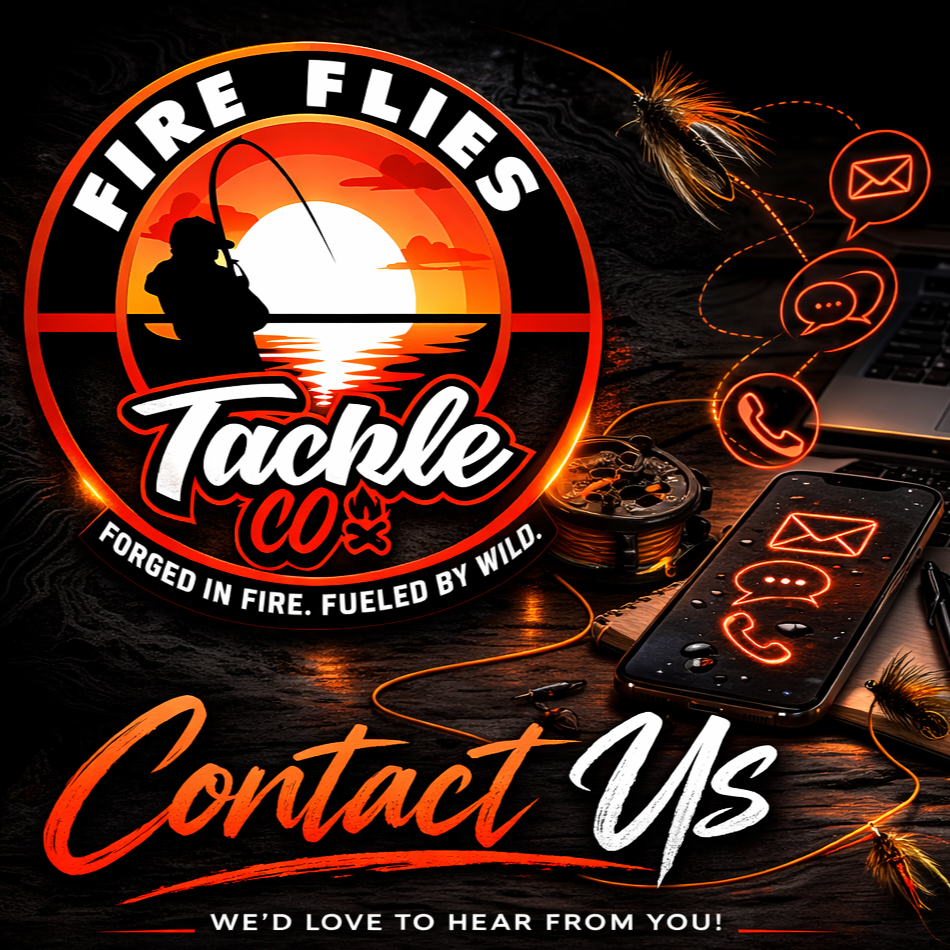 Logo for Fire Flies Tackle Co with a silhouette of a person fishing at sunset, surrounded by fishing gear and glowing communication icons, with contact prompt text.