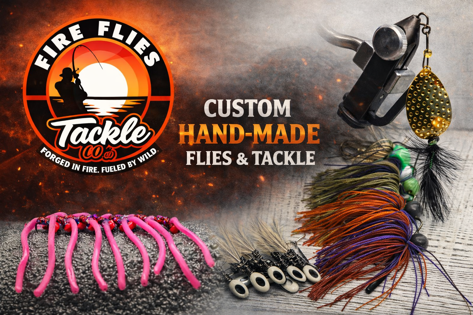 A promotional image showcasing custom, hand-made fishing flies and tackle, with a logo of a fisherman silhouette against a sunset, and various fishing gear including colorful lures, feathers, and a fishing lure with a metal spoon.