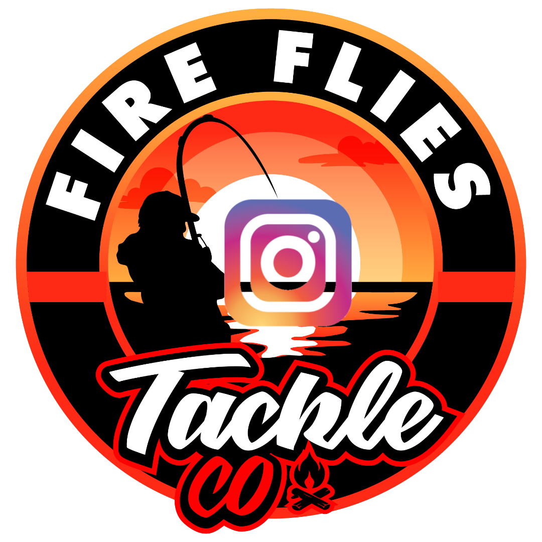 A circular logo with a sunset scene, a silhouette of a person fishing at sunset, with the text 'FIRE FLIES' at the top and 'Tackle Co' at the bottom, including an Instagram logo in the center.