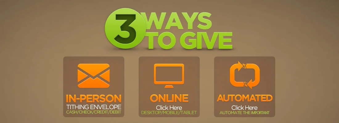 Graphic titled '3 Ways to Give' with options for in-person, online, and automated donations, each with icons and brief instructions.