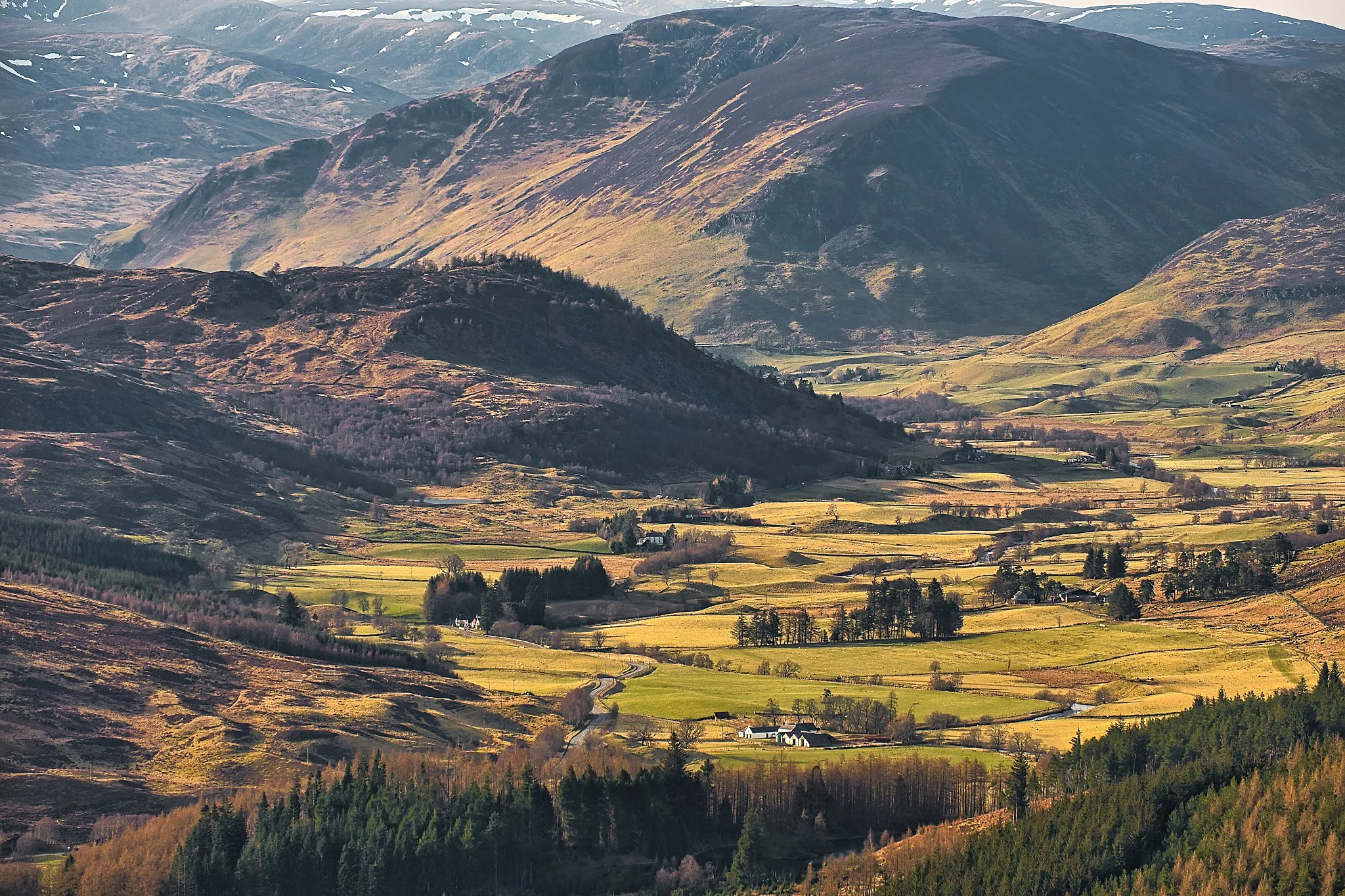 Soft light sweeps across the Angus Glens, revealing a valley shaped by centuries of weather, farming, and quiet resilience. The fields below form a patchwork of greens and golds, broken by clusters of trees and the occasional farmhouse that hints at 